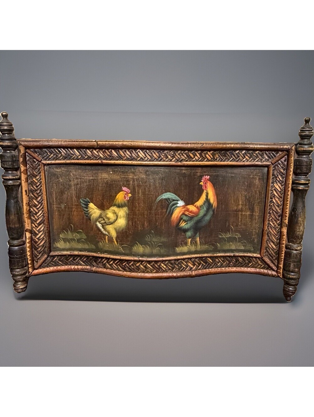Vintage Folk Art Chicken Rooster Painting Curved Wood Wall Plaque Panel Accent